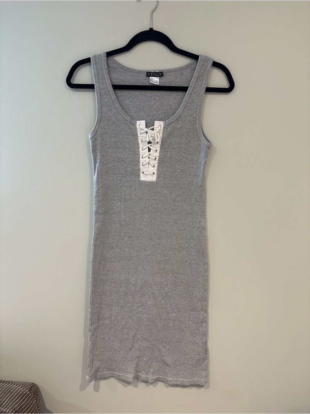 VENUS Light Gray Lace-Up Ribbed Tank Dress